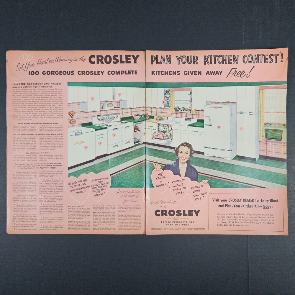 1953 Crosley Plan Your Kitchen Contest Vintage Print Ad Cincinnati OH 2-Pages‎